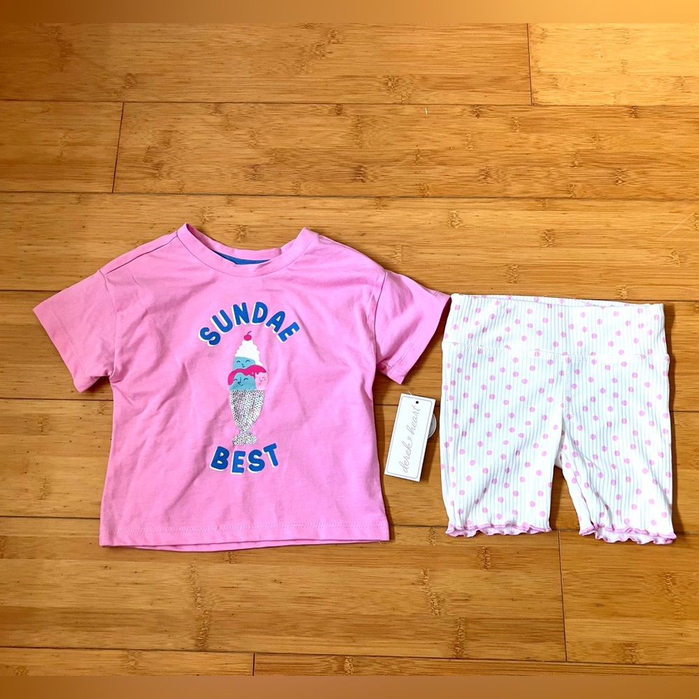 NWT Girls Size 3T Sundae Outfit - Tee Top & Polka Dot Bike Shorts